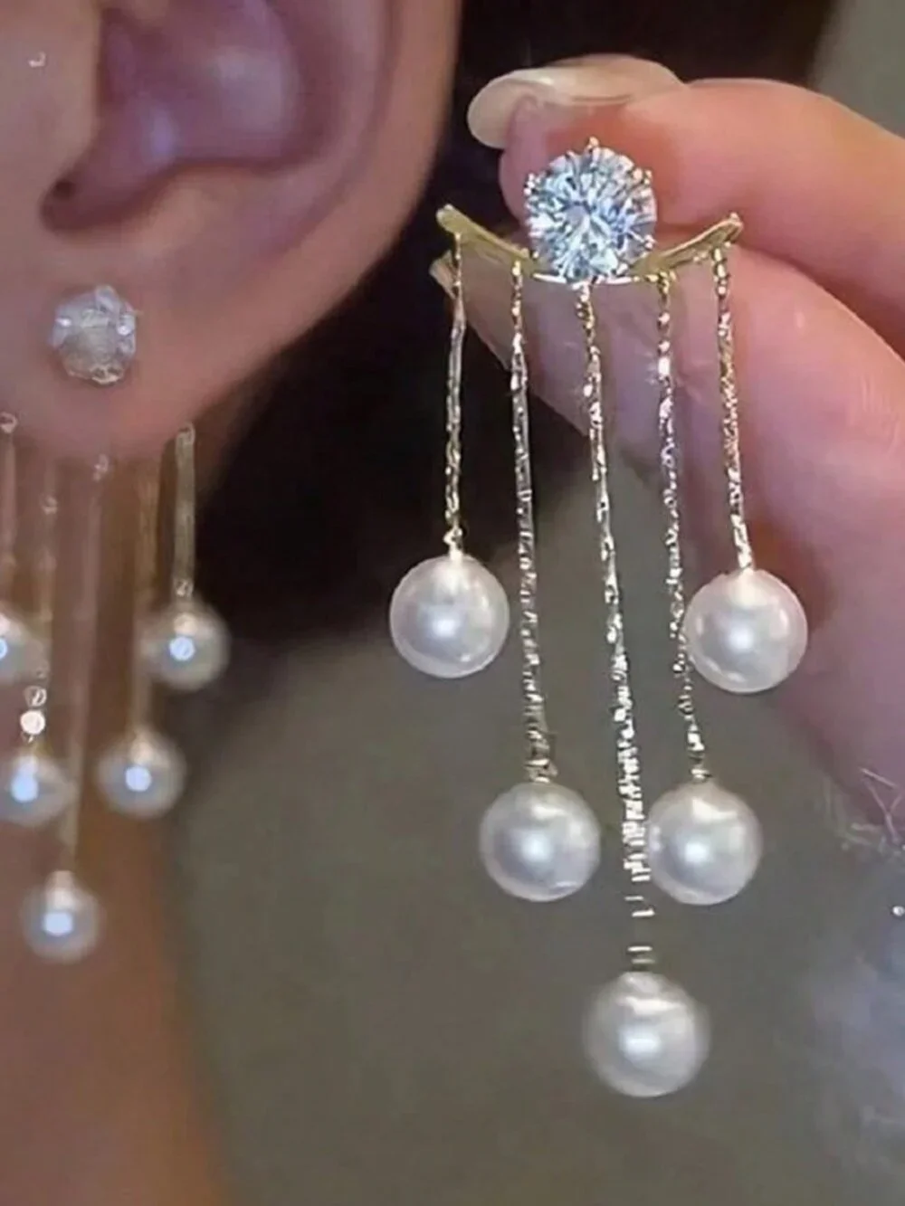 Elegant Women's Long Style faux Pearl Tassel Earrings